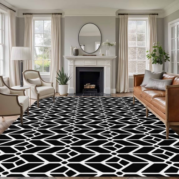 Large Area Rugs for Living Room Bedroom, Geometric 8'x10' Rug Washable Carpet Runner Indoor Outdoor, Modern Abstract Lines Texture Black Non Slip Floor Mats Rug for Kitchen, Patio