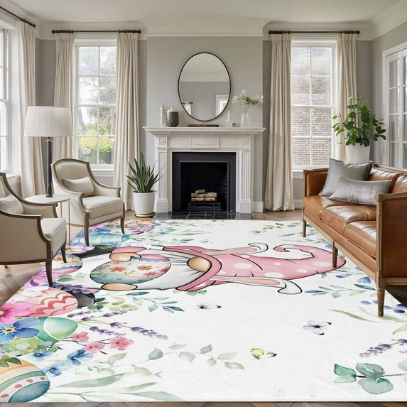 Large Area Rugs for Living Room Bedroom, Gnomes Easter 5'x8' Rug Washable Carpet Runner Indoor Outdoor, Colorful Spring Floral Eggs Weeping Non Slip Floor Mats Rug for Kitchen, Bathroom