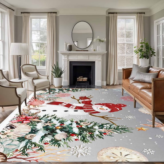 Large Area Rugs for Living Room Bedroom, Gray Snowman Christmas 6'x9' Rug Washable Carpet Runner Indoor Outdoor, Xmas Tree Coastal Snowflake Starfish Non Slip Floor Mats Rug for Kitchen, Playroom