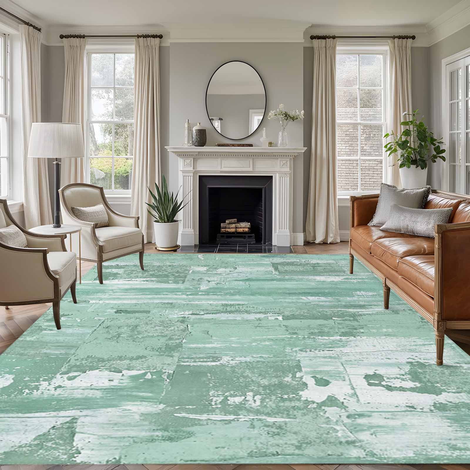 Large Area Rugs for Living Room Bedroom, Green Abstract 6'x9' Rug Washable Carpet Runner Indoor Outdoor, Vintage Geometric Gradient Oil Painting Modern Non Slip Floor Mats Rug for Kitchen, Playroom