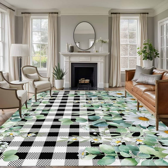 Large Area Rugs for Living Room Bedroom, Green Eucalyptus Leaves 6'x9' Rug Washable Carpet Runner Indoor Outdoor, Daisy Floral Non Slip Floor Mats Rug for Kitchen, Playroom