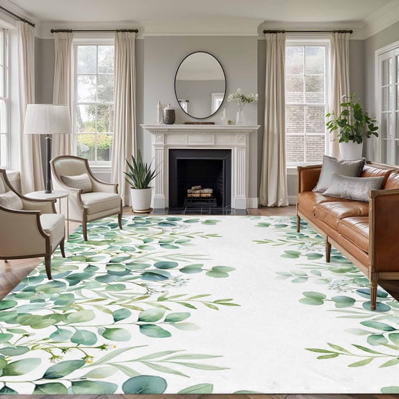 Large Area Rugs for Living Room Bedroom, Green Eucalyptus Leaves 6'x9' Rug Washable Carpet Runner Indoor Outdoor, Watercolor Spring Summer Botanical Non Slip Floor Mats Rug for Kitchen, Playroom