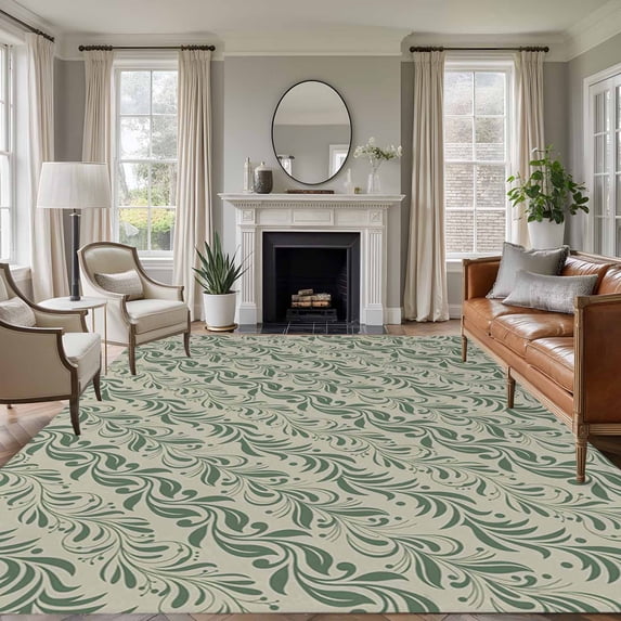 Large Area Rugs for Living Room Bedroom, Green Floral 5'x8' Rug Washable Carpet Runner Indoor Outdoor, Spring Flowers Pattern Botanical Vintage Non Slip Floor Mats Rug for Kitchen, Bathroom