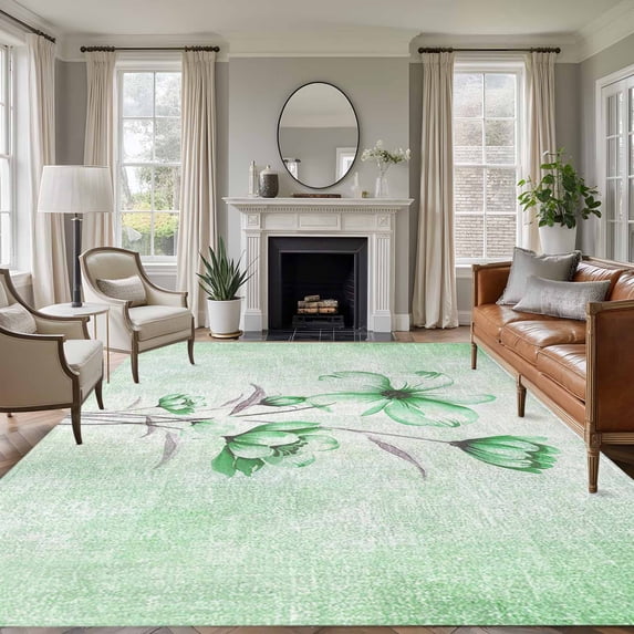 Large Area Rugs for Living Room Bedroom, Green Flowers 5'x8' Rug Washable Carpet Runner Indoor Outdoor, Spring Floral Elegant Pastoral Botanical Non Slip Floor Mats Rug for Kitchen, Bathroom