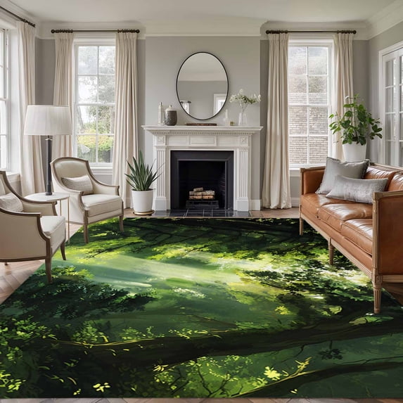 Large Area Rugs for Living Room Bedroom, Green Forest 6'x9' Rug Washable Carpet Runner Indoor Outdoor, Nature Spring Scenic Woodland Non Slip Floor Mats Rug for Kitchen, Playroom