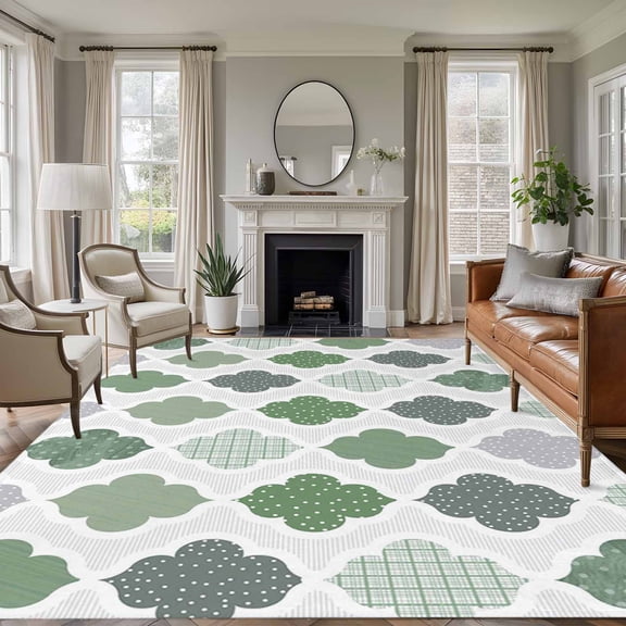 Large Area Rugs for Living Room Bedroom, Green Geometric 5'x8' Rug Washable Carpet Runner Indoor Outdoor, Vintage Moroccan Rhombic Bohemia Gray Non Slip Floor Mats Rug for Kitchen, Bathroom