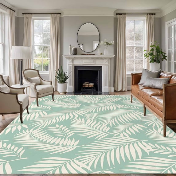 Large Area Rugs for Living Room Bedroom, Green Leaves 8'x10' Rug Washable Carpet Runner Indoor Outdoor, Summer Tropical Plants Botanical Silhouettes Non Slip Floor Mats Rug for Kitchen, Patio
