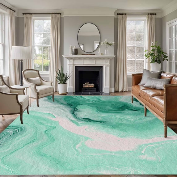 Large Area Rugs for Living Room Bedroom, Green Marble 6'x9' Rug Washable Carpet Runner Indoor Outdoor, Summer Ocean Wave Green Ombre Non Slip Floor Mats Rug for Kitchen, Playroom