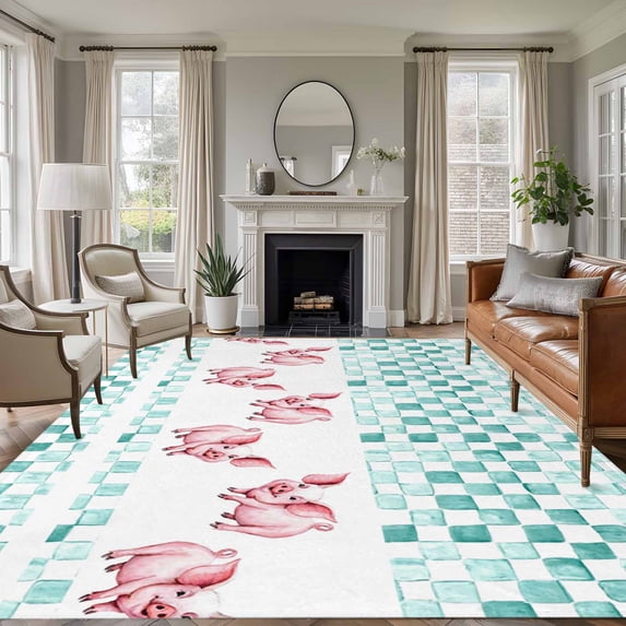 Large Area Rugs for Living Room Bedroom, Green Plaid Farmhouse 6'x9' Rug Washable Carpet Runner Indoor Outdoor, Watercolor Cute Country Pigs Checkered Non Slip Floor Mats Rug for Kitchen, Playroom