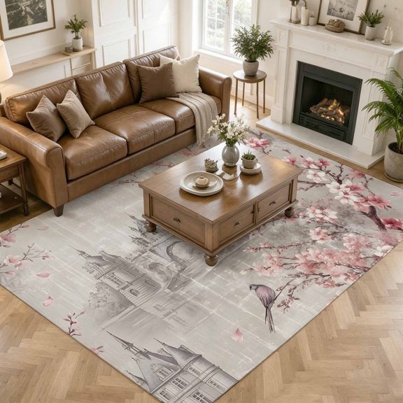 Large Area Rugs for Living Room Bedroom, Grey Building Pink Cherry 8'x10' Rug Washable Carpet Runner Indoor Outdoor, Romantic Castle Branch Non Slip Floor Mats Rug for Kitchen, Patio