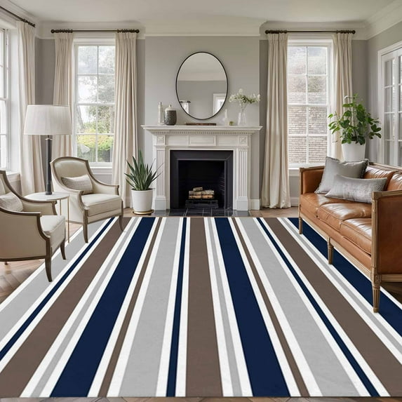 Large Area Rugs for Living Room Bedroom, Grey Navy Blue Striped 5'x8' Rug Washable Carpet Runner Indoor Outdoor, Farmhouse Stripes Modern Abstract Art Non Slip Floor Mats Rug for Kitchen, Bathroom