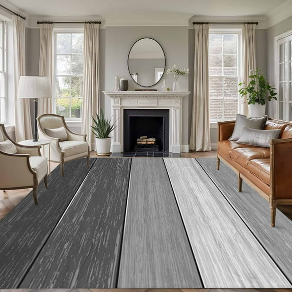 Large Area Rugs for Living Room Bedroom, Grey Ombre 8'x10' Rug Washable Carpet Runner Indoor Outdoor, Farmhouse Vintage Wooden Grain Texture Non Slip Floor Mats Rug for Kitchen, Patio