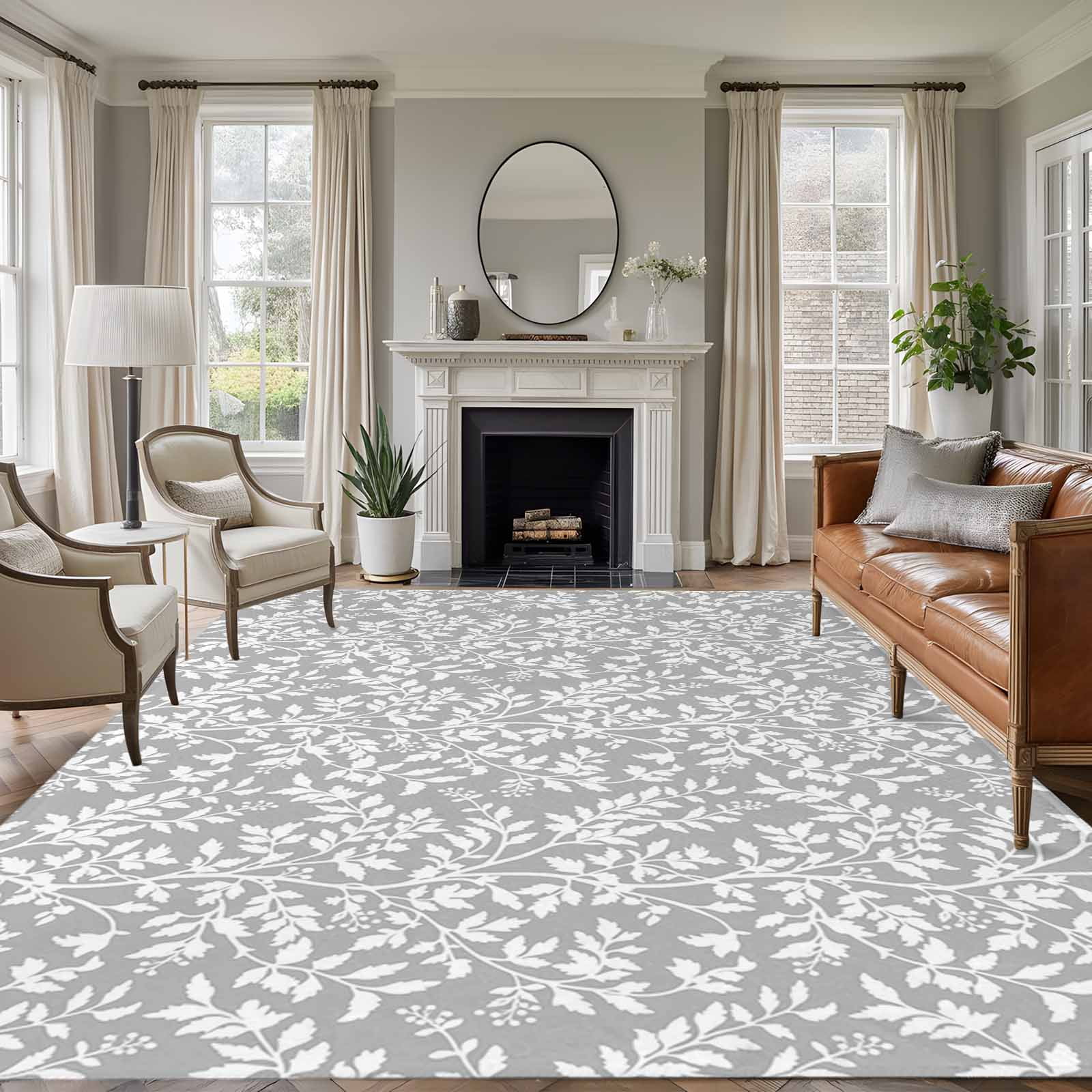 Large Area Rugs for Living Room Bedroom, Grey Spring Floral 8'x10' Rug Washable Carpet Runner Indoor Outdoor, Farmhouse Flowers Elegant Pastoral Non Slip Floor Mats Rug for Kitchen, Patio