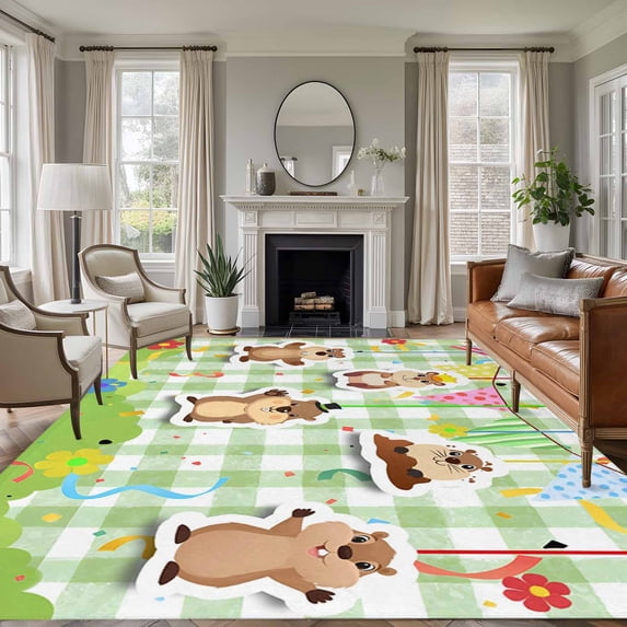 Large Area Rugs for Living Room Bedroom, Groundhog Day 8'x10' Rug Washable Carpet Runner Indoor Outdoor, Colorful Ribbon Green Plaid Spring Non Slip Floor Mats Rug for Kitchen, Patio