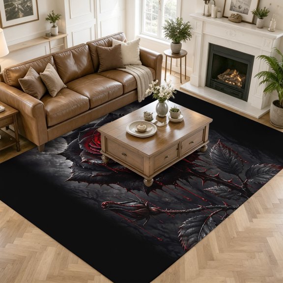 Large Area Rugs for Living Room Bedroom, Halloween 8'x10' Rug Washable Carpet Runner Indoor Outdoor, Vintage Horror Black Red Rose Branches Non Slip Floor Mats Rug for Kitchen, Patio
