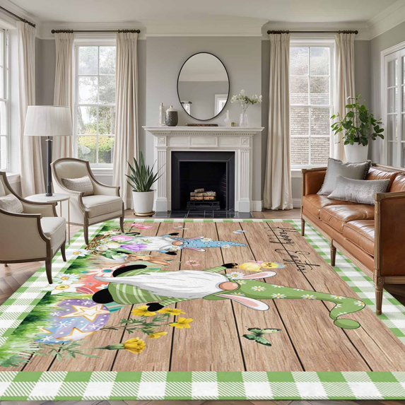 Large Area Rugs for Living Room Bedroom, Happy Easter 6'x9' Rug Washable Carpet Runner Indoor Outdoor, Gnomes Rabbit Flowers Green Check Wooden Non Slip Floor Mats Rug for Kitchen, Playroom