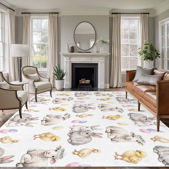 Large Area Rugs for Living Room Bedroom, Happy Easter 6'x9' Rug Washable Carpet Runner Indoor Outdoor, Spring Bunny Chickens Lambs Easter Eggs Non Slip Floor Mats Rug for Kitchen, Playroom