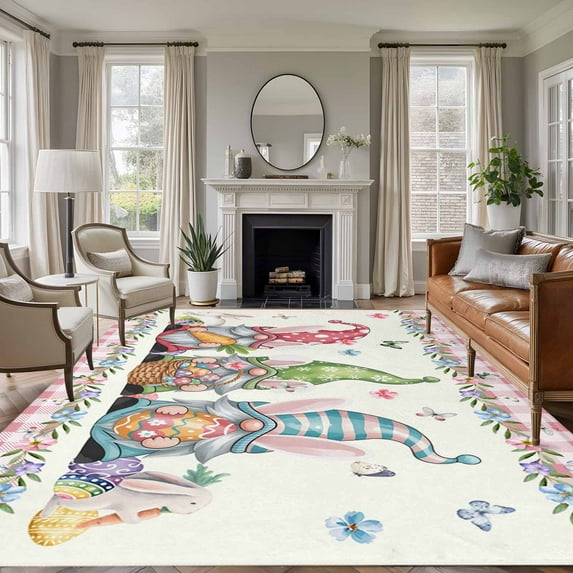 Large Area Rugs for Living Room Bedroom, Happy Easter 8'x10' Rug Washable Carpet Runner Indoor Outdoor, Funny Gnomes Rabbits Colorful Eggs Plaid Non Slip Floor Mats Rug for Kitchen, Patio