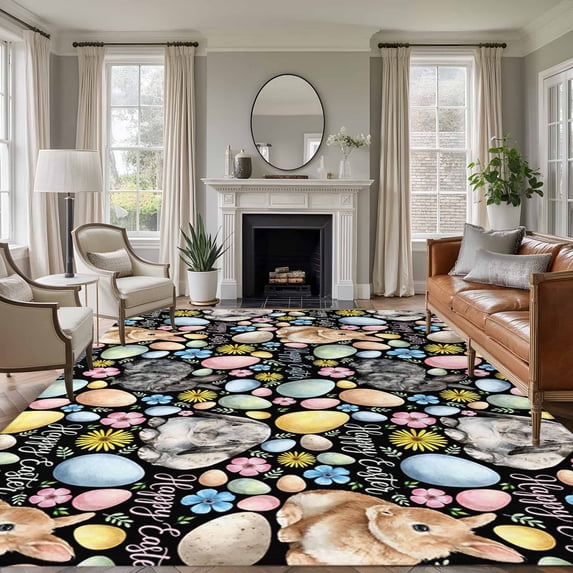 Large Area Rugs for Living Room Bedroom, Happy Easter 8'x10' Rug Washable Carpet Runner Indoor Outdoor, Spring Watercolor Rabbits Eggs Flower Black Non Slip Floor Mats Rug for Kitchen, Patio