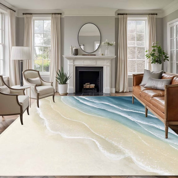Large Area Rugs for Living Room Bedroom, Haze Blue Beach Coastal 8'x10' Rug Washable Carpet Runner Indoor Outdoor, Summer Ocean Nautical Seaside Non Slip Floor Mats Rug for Kitchen, Patio