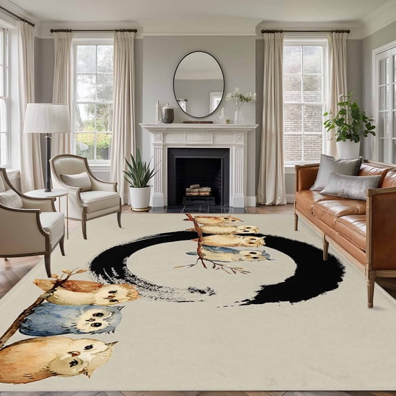 Large Area Rugs for Living Room Bedroom, Japanese Style 8'x10' Rug Washable Carpet Runner Indoor Outdoor, Grey Farmhouse Owl Birds Branches Non Slip Floor Mats Rug for Kitchen, Patio