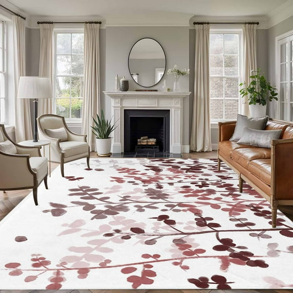 Large Area Rugs for Living Room Bedroom, Leaves 6'x9' Rug Washable Carpet Runner Indoor Outdoor, Pink Brown Summer Botanical Non Slip Floor Mats Rug for Kitchen, Playroom