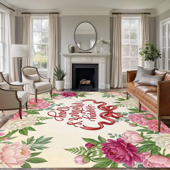 Large Area Rugs for Living Room Bedroom, Mother's Day 8'x10' Rug Washable Carpet Runner Indoor Outdoor, Pink Flowers Spring Floral Farmhouse Botanical Non Slip Floor Mats Rug for Kitchen, Patio