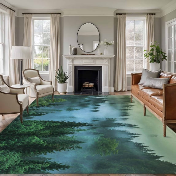 Large Area Rugs for Living Room Bedroom, Mountain 8'x10' Rug Washable Carpet Runner Indoor Outdoor, Forest Green Trees Modern Art Non Slip Floor Mats Rug for Kitchen, Patio