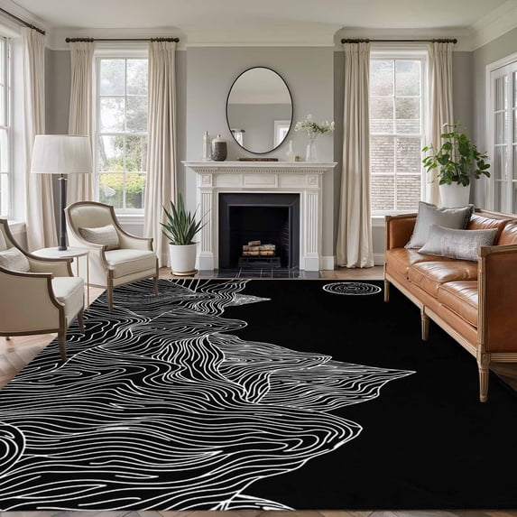 Large Area Rugs for Living Room Bedroom, Mountain Line 6'x9' Rug Washable Carpet Runner Indoor Outdoor, Minimalist Abstract Landscape Art Sun Black Non Slip Floor Mats Rug for Kitchen, Playroom