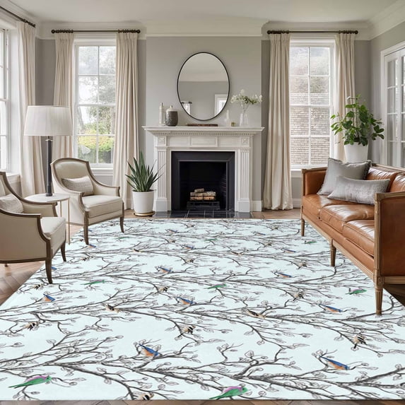 Large Area Rugs for Living Room Bedroom, Natural Trees Branches 6'x9' Rug Washable Carpet Runner Indoor Outdoor, Colored Birds Vintage Rustic Blue Non Slip Floor Mats Rug for Kitchen, Playroom