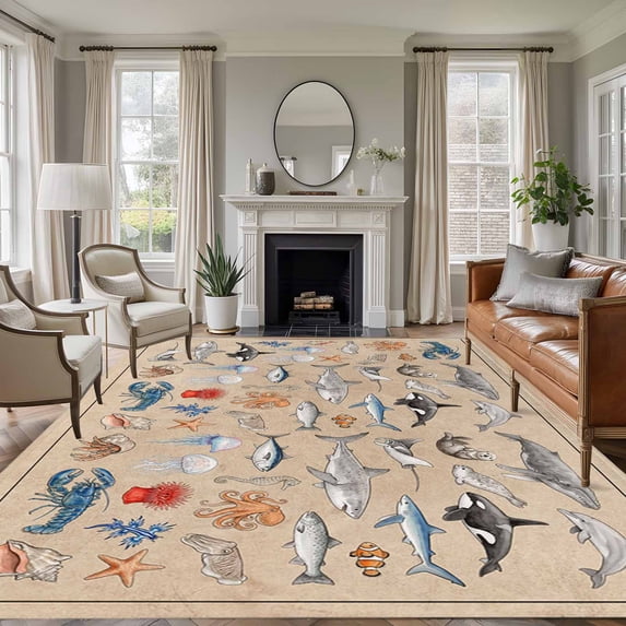 Large Area Rugs for Living Room Bedroom, Nautical Coastal Animals 8'x10' Rug Washable Carpet Runner Indoor Outdoor, Vintage Ocean Marine Life Brown Non Slip Floor Mats Rug for Kitchen, Patio