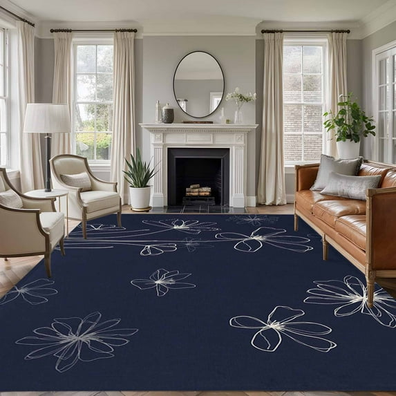 Large Area Rugs for Living Room Bedroom, Navy Blue 6'x9' Rug Washable Carpet Runner Indoor Outdoor, Spring Flora Non Slip Floor Mats Rug for Kitchen, Playroom