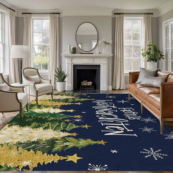 Large Area Rugs for Living Room Bedroom, Navy Blue Christmas 6'x9' Rug Washable Carpet Runner Indoor Outdoor, Xmas Tree Snowflakes Winter Non Slip Floor Mats Rug for Kitchen, Playroom