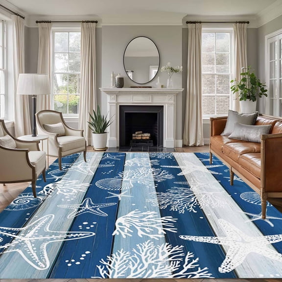 Large Area Rugs for Living Room Bedroom, Navy Blue Coastal Beach 8'x10' Rug Washable Carpet Runner Indoor Outdoor, Nautical Starfish Coral Vintage Wooden Non Slip Floor Mats Rug for Kitchen, Patio