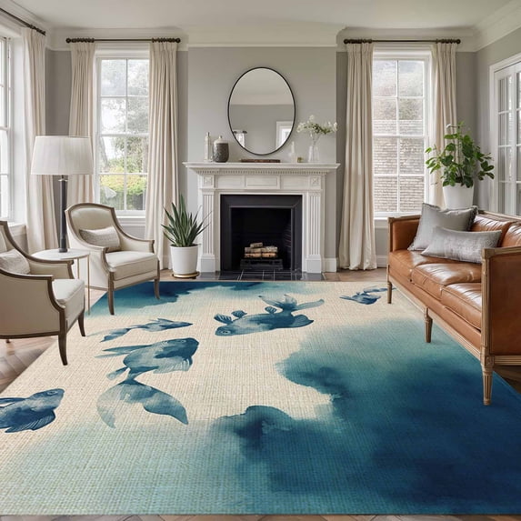 Large Area Rugs for Living Room Bedroom, Navy Blue Fish 5'x8' Rug Washable Carpet Runner Indoor Outdoor, Nautical Coastal Summer Ocean Modern Rustic Non Slip Floor Mats Rug for Kitchen, Bathroom