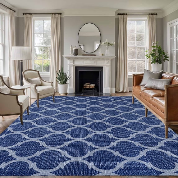 Large Area Rugs for Living Room Bedroom, Navy Blue Moroccan 5'x8' Rug Washable Carpet Runner Indoor Outdoor, Morocco Geometric Quatrefoil Plaid Non Slip Floor Mats Rug for Kitchen, Bathroom