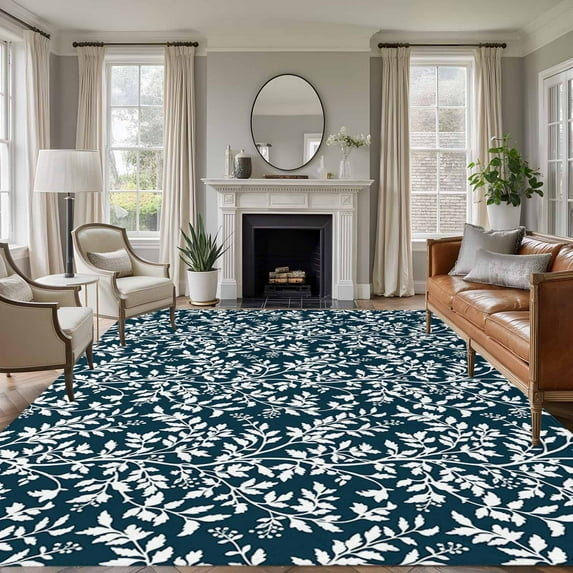 Large Area Rugs for Living Room Bedroom, Navy Blue Spring Floral 5'x8' Rug Washable Carpet Runner Indoor Outdoor, Farmhouse Flowers Elegant Pastoral Non Slip Floor Mats Rug for Kitchen, Bathroom