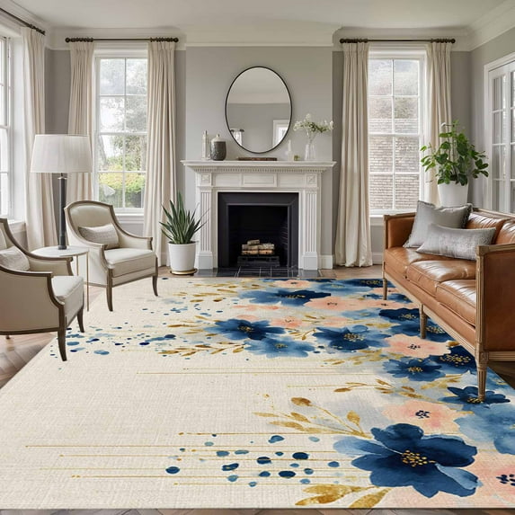 Large Area Rugs for Living Room Bedroom, Navy Blue Spring Floral 6'x9' Rug Washable Carpet Runner Indoor Outdoor, Farmhouse Butterfly Rustic Non Slip Floor Mats Rug for Kitchen, Playroom