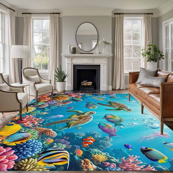Large Area Rugs for Living Room Bedroom, Ocean Sea Turtle 5'x8' Rug Washable Carpet Runner Indoor Outdoor, Blue Coastal Fish Coral Jellyfish Marine Life Non Slip Floor Mats Rug for Kitchen, Bathroom