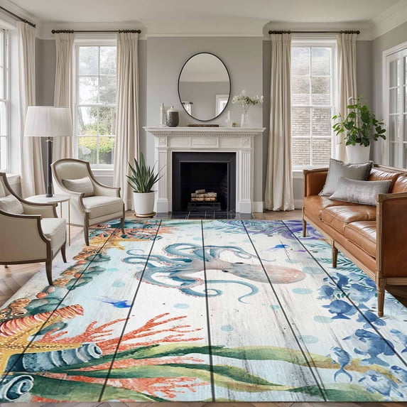 Large Area Rugs for Living Room Bedroom, Octopus Coastal 8'x10' Rug Washable Carpet Runner Indoor Outdoor, Summer Nautical Starfish Coral Grey Wooden Non Slip Floor Mats Rug for Kitchen, Patio
