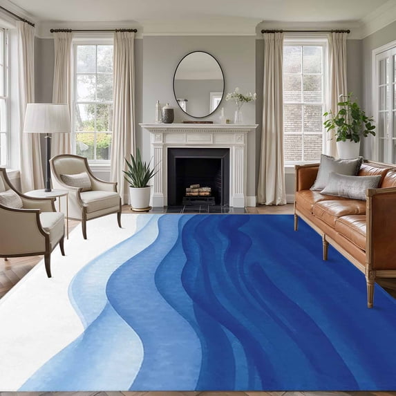 Large Area Rugs for Living Room Bedroom, Ombre Blue Waves 5'x8' Rug Washable Carpet Runner Indoor Outdoor, Abstract Art Gradient Modern Non Slip Floor Mats Rug for Kitchen, Bathroom