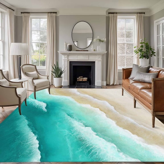 Large Area Rugs for Living Room Bedroom, Ombre Turquoise Ocean 8'x10' Rug Washable Carpet Runner Indoor Outdoor, Gradient Coastal Beach Waves Summer Non Slip Floor Mats Rug for Kitchen, Patio