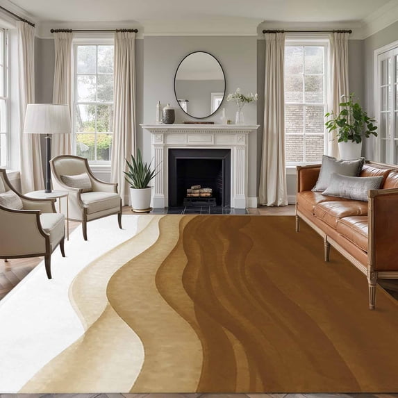 Large Area Rugs for Living Room Bedroom, Ombre Waves 5'x8' Rug Washable Carpet Runner Indoor Outdoor, Abstract Art Gradient Brown Modern Non Slip Floor Mats Rug for Kitchen, Bathroom