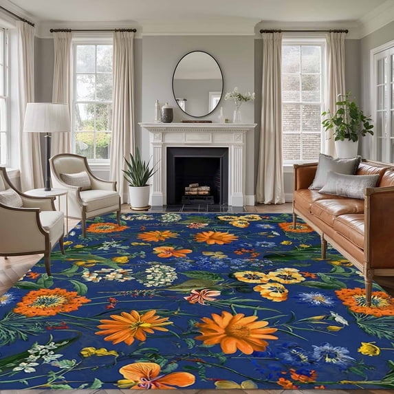 Large Area Rugs for Living Room Bedroom, Orange Blue Spring Floral 5'x8' Rug Washable Carpet Runner Indoor Outdoor, Vintage Botanical Summer Flower Non Slip Floor Mats Rug for Kitchen, Bathroom