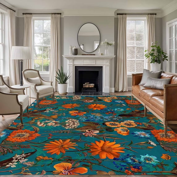 Large Area Rugs for Living Room Bedroom, Orange Green Spring Floral 6'x9' Rug Washable Carpet Runner Indoor Outdoor, Vintage Botanical Summer Flower Non Slip Floor Mats Rug for Kitchen, Playroom
