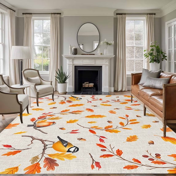 Large Area Rugs for Living Room Bedroom, Orange Leaves Fall 5'x8' Rug Washable Carpet Runner Indoor Outdoor, Branches Birds Pine Cones Rustic Non Slip Floor Mats Rug for Kitchen, Bathroom