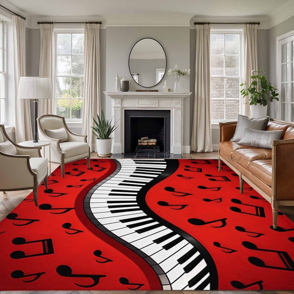 Large Area Rugs for Living Room Bedroom, Piano Keyboards 5'x8' Rug Washable Carpet Runner Indoor Outdoor, Musical Notes Vintage Red Non Slip Floor Mats Rug for Kitchen, Bathroom
