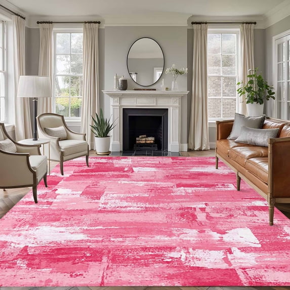 Large Area Rugs for Living Room Bedroom, Pink Abstract 5'x8' Rug Washable Carpet Runner Indoor Outdoor, Vintage Geometric Gradient Oil Painting Modern Non Slip Floor Mats Rug for Kitchen, Bathroom