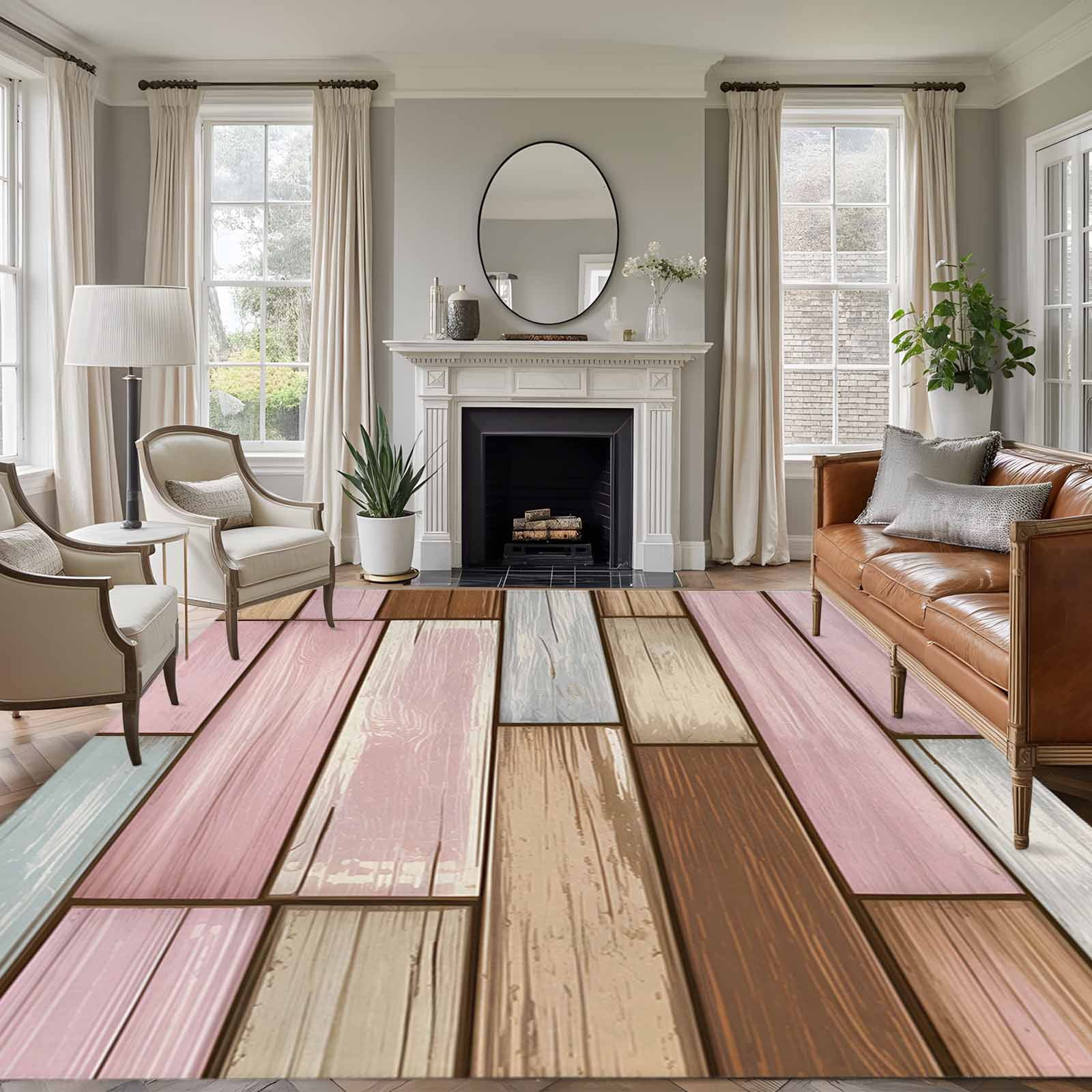Large Area Rugs for Living Room Bedroom, Pink Brown Vintage 5'x8' Rug Washable Carpet Runner Indoor Outdoor, Retro Farmhouse Elegant Pastoral Non Slip Floor Mats Rug for Kitchen, Bathroom