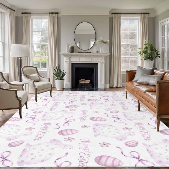 Large Area Rugs for Living Room Bedroom, Pink Easter 6'x9' Rug Washable Carpet Runner Indoor Outdoor, Watercolor Spring Bunny Eggs Flowers Non Slip Floor Mats Rug for Kitchen, Playroom